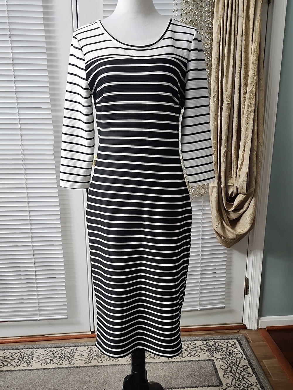 Almost Famous Black and White Striped Long Sleeve Midi Dress
